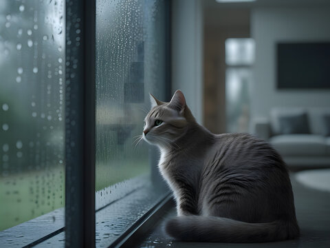 silver cat watching rain through window illustration