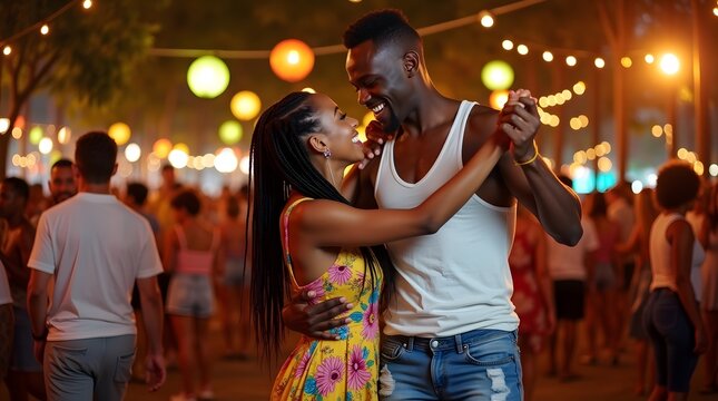 A joyful couple, African American man and woman, share a dance at a vibrant outdoor festival filled with lights and laughter.