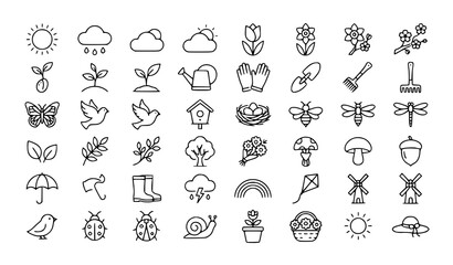 Fototapeta premium 36 spring season outline icons set with flowers nature and gardening symbols