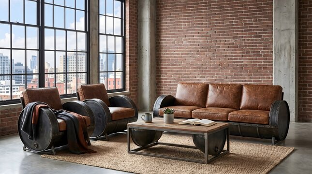 Industrial living room furniture set with sofa and armchairs repurposed from metal drums.
