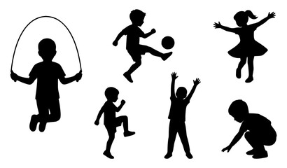 Set of children silhouettes in different playful poses black vector sticker illustrations
