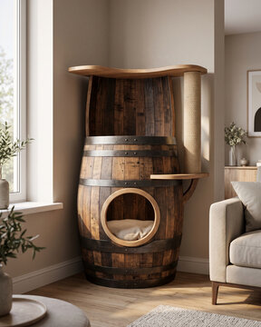 Cat house and playground made from a recycled wooden barrel.
