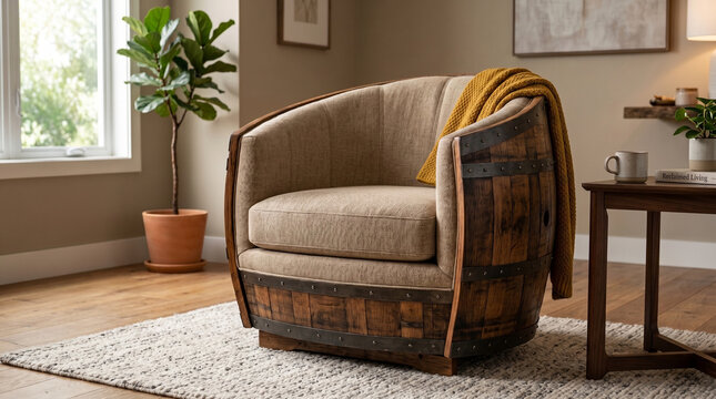 Stylish Armchair Made from a Reclaimed Wooden Barrel.