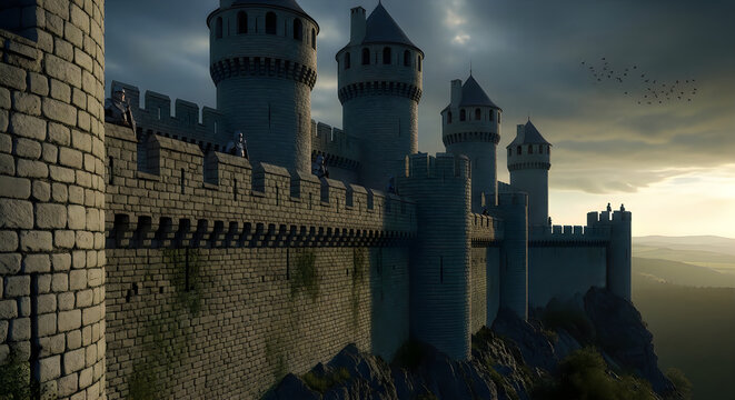 Large stone castle with tall towers standing under a bright sunset sky in a historic landscape