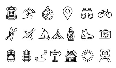 Fototapeta premium Travel Adventure and Outdoor Recreation Thin Line Vector Icon Set