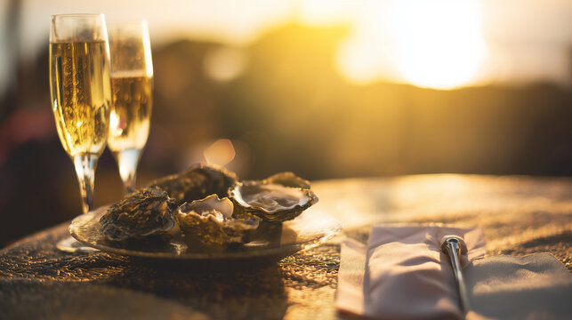 Close-up of fresh oysters on ice and two glasses of chilled champagne, with a warm, romantic sunset background at the beach. Luxury lifestyle and seafood dining concept.