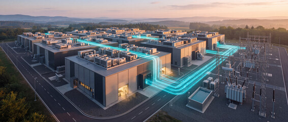 Fototapeta premium Data center campus with glowing data streams connecting industrial server buildings to an electrical substation at sunset, concept of cloud computing, high-speed network and AI infrastructure