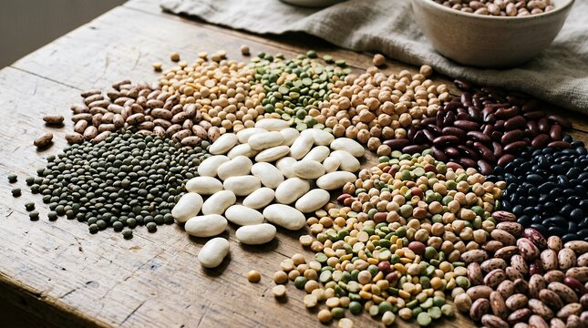 High angle view of assorted wholesome dried pulses featuring large white butter beans and mixed raw legumes bean legume pulse nutrient source food background nutrition dietary plant protein fiber