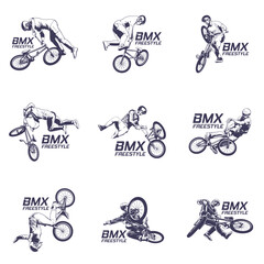 Fototapeta premium Set of Extreme BMX Freestyle Rider Vector Logo Illustration. Perfect for BMX club logos, skatepark branding, event badges, t-shirt prints, decals, and extreme sports.