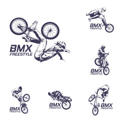 Fototapeta premium Set of Extreme BMX Freestyle Rider Vector Logo Illustration. Perfect for BMX club logos, skatepark branding, event badges, t-shirt prints, decals, and extreme sports.