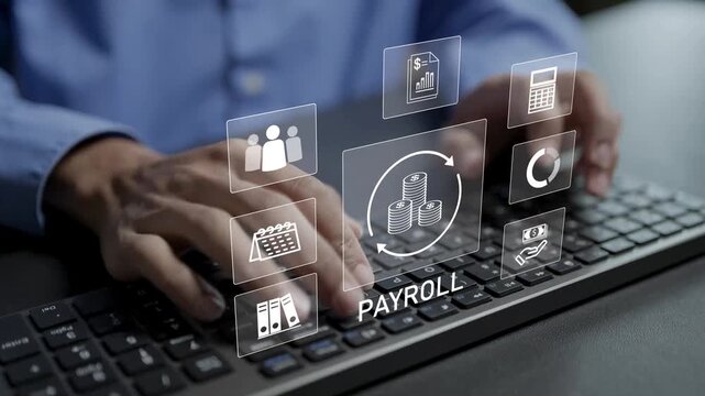 Payroll and business finance management concept. Person typing keyboard with salary, money calculator and employee icons, automated payroll processing, tax calculation and accounting.