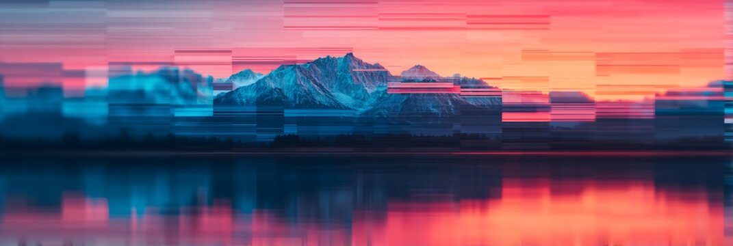 A digital glitch effect distorts a serene mountain landscape reflected in calm water during a colorful sunset.
