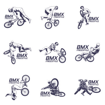 Set of Extreme BMX Freestyle Rider Vector Logo Illustration. Perfect for BMX club logos, skatepark branding, event badges, t-shirt prints, decals, and extreme sports.