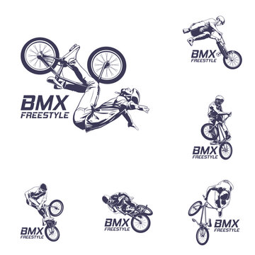 Set of Extreme BMX Freestyle Rider Vector Logo Illustration. Perfect for BMX club logos, skatepark branding, event badges, t-shirt prints, decals, and extreme sports.