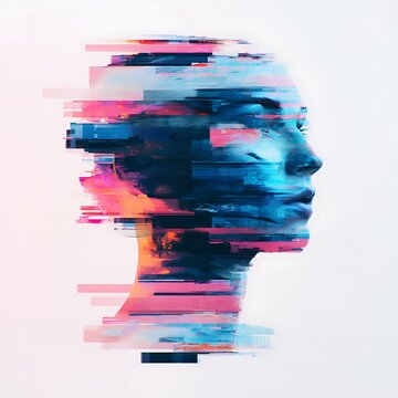 A digital abstract portrait of a human profile with fragmented, glitch-like horizontal streaks in vivid blue, pink, and orange tones on a white background.