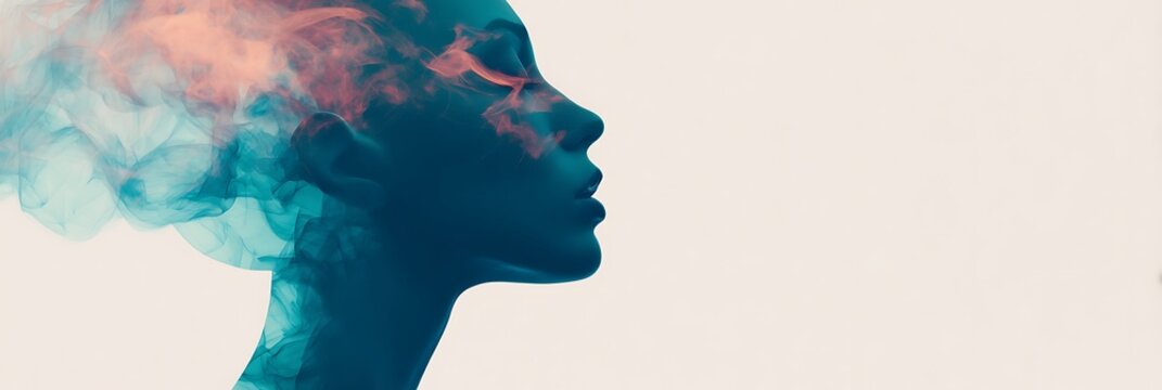 A surreal digital artwork of a person's silhouette with colorful smoke swirling around their head, blending creativity and abstract expression.