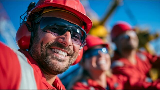 Smiling offshore oil rig worker in protective helmet, safety glasses, and earmuffs with crew in the background, representing industrial safety and energy work