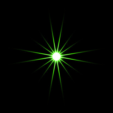 A vibrant starburst lens flare effect showcasing a bright green light source against a dark background