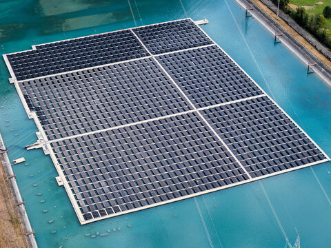 Aerial view of the floating solar farm on the reservoir in Venaus, Piedmont, Italy.