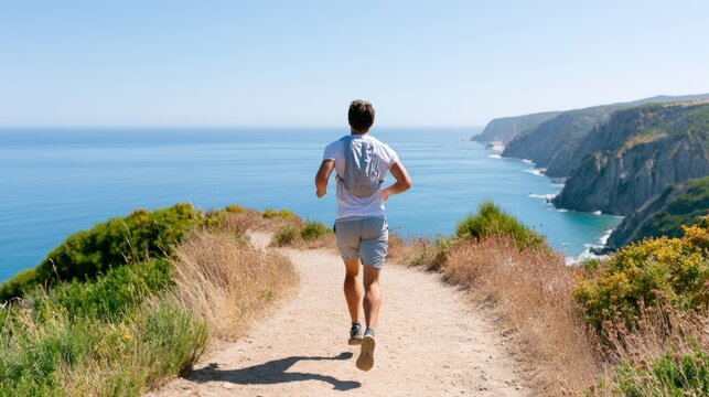 Oceanfront trail runner on a dirt path with panoramic coastline view for fitness banner and outdoor poster design
