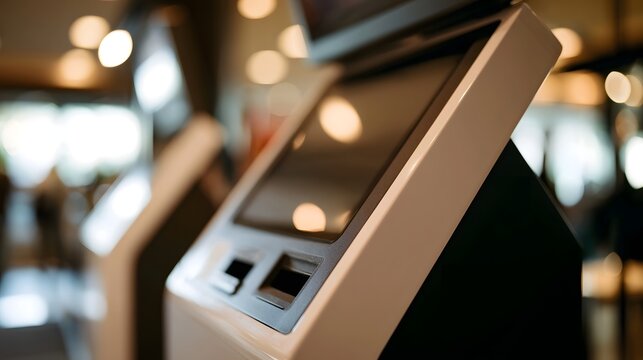 Modern self service kiosk with touchscreen display and card reader under warm ambient lighting in public space