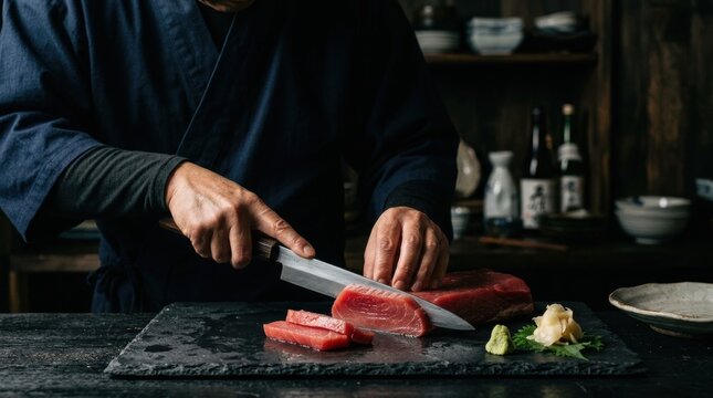 Chef meticulously slices fresh red tuna steaks on a dark slate board in a traditional Japanese kitchen