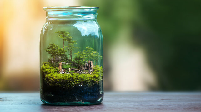 A beautifully crafted terrarium with a miniature forest landscape inside a glass jar, symbolizing nature conservation, eco-consciousness, and the beauty of small-scale worlds.