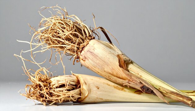 Dried ginger roots with fibrous texture on gray background.