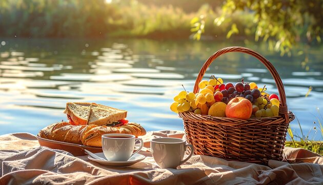 Picnic by the lake with fresh fruit and pastries.