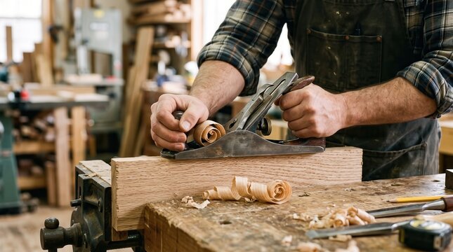 Woodworker using a traditional metal hand plane to smooth a wooden board and create curled wood shavings in a carpentry workshop.