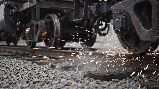 Freight train wheels grinding along railway tracks, producing sparks and smoke during heavy rail transport and industrial locomotive operation
