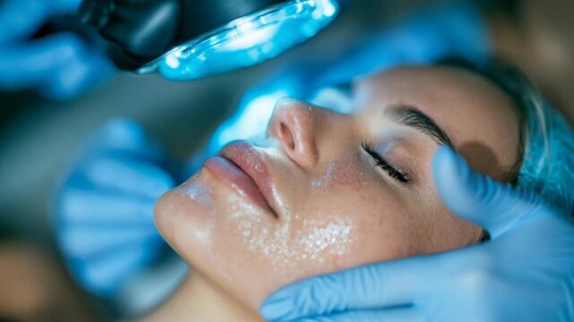 Close-up of a woman undergoing detailed eye and facial skin examination with magnifying equipment and precision tools in a professional cosmetic clinic