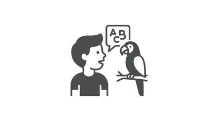 Man teaching parrot speech in communication icon.