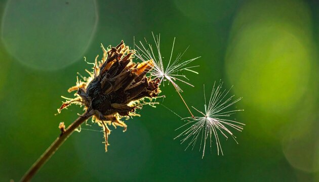 Dandelion Seeds Floating in Soft Green Background.