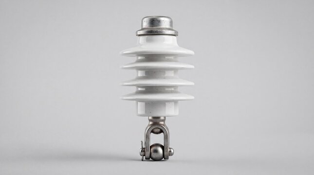 Electrical power line insulator with metal clamp. Ceramic high voltage suspension unit for transmission towers. Industrial energy infrastructure component.