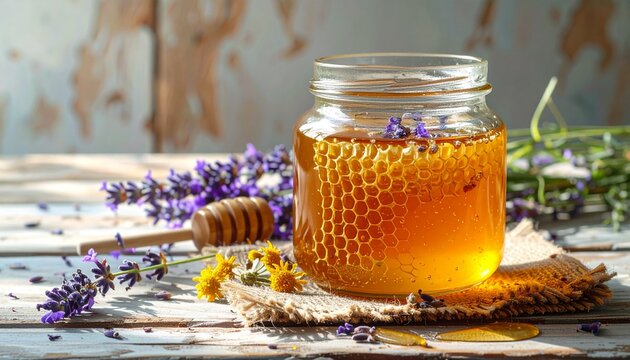 Fresh honey in a glass jar with lavender and honeycomb.