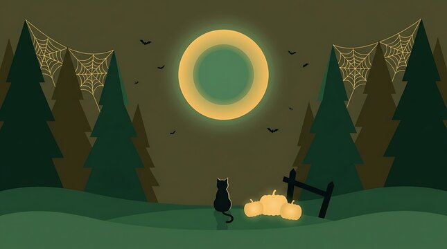 A spooky pixel art halloween background featuring a glowing full moon over a dark forest with a small campfire and silhouette trees