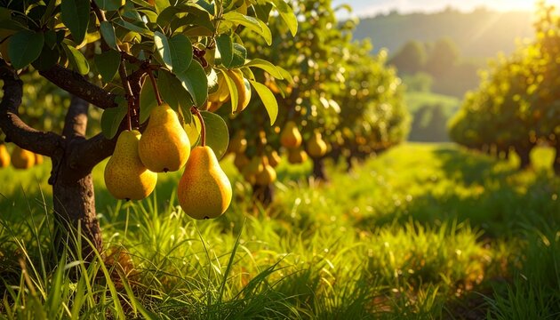 Ripe pears hanging on a tree in a sunlit orchard.