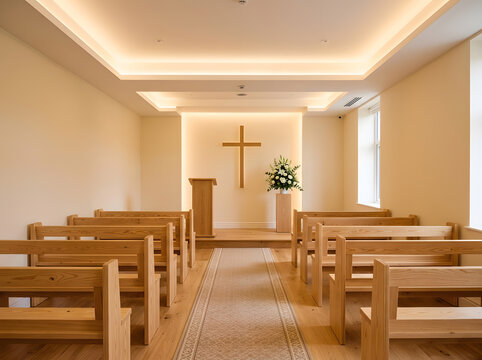 Modern minimalist funeral home chapel interior | Small contemporary church room with wooden pews | Elegant peaceful prayer room with religious cross | Warm atmospheric lighting for spiritual sanctuary