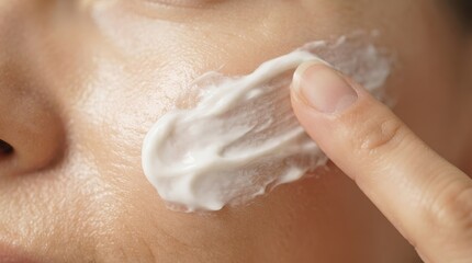 Fototapeta premium Close-up of a finger applying white cream to smooth facial skin