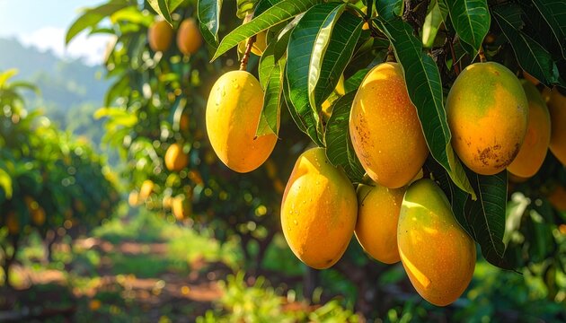Ripe mangoes hanging on a lush green tree in orchard.