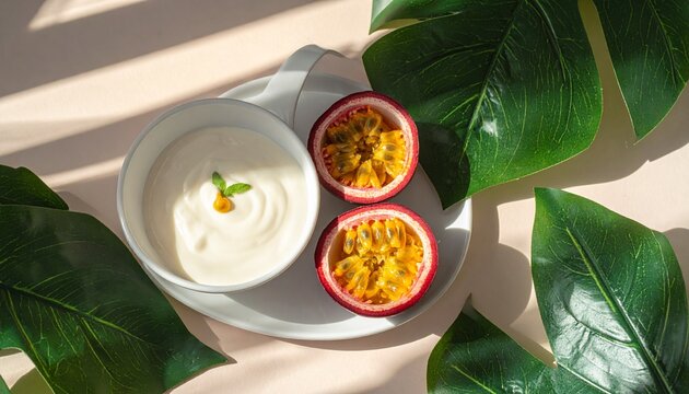 Fresh passion fruit and yogurt on wooden table with leaves.