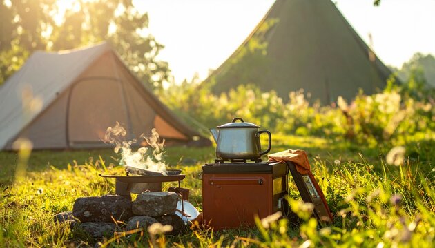 Camping in nature with tent and morning coffee setup.