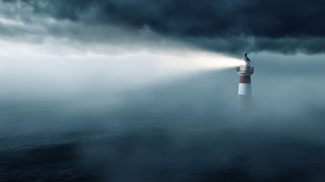 A solitary lighthouse standing tall amidst a dark, turbulent ocean under a stormy, brooding sky, symbolizing guidance, hope, resilience, and safety during intense chaos.