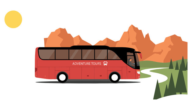 Red double-decker tour bus driving on green highway near mountains Vector