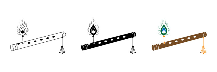 Bansuri is beloved symbol of divine love, joy and eternal harmony. Traditional indian bamboo flute icon set featuring bansuri with peacock feather for music festival design. © Piyali