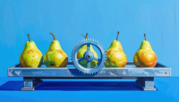 Fresh Green Pears Arranged with Industrial Gear on Blue Background.