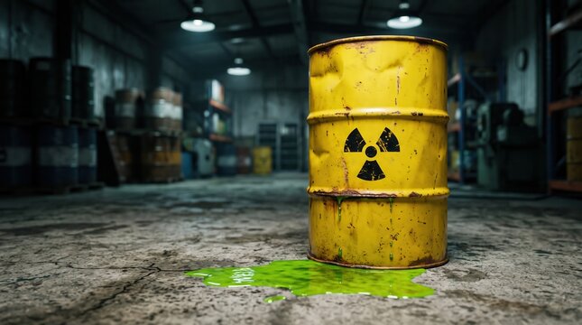 Leaking yellow nuclear waste barrel with toxic fluid on a concrete floor inside a dark industrial storage facility.