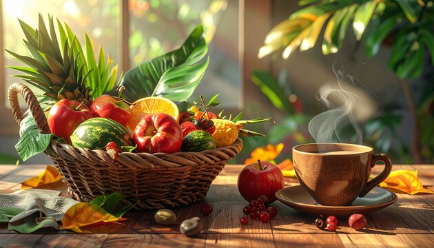 Fresh Fruit Basket and Coffee on Rustic Table.