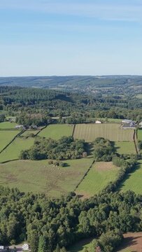 A lush patchwork of green fields, meadows, and hedgerows in the rural Morvan region of France, aerial vertical 9:16 view.